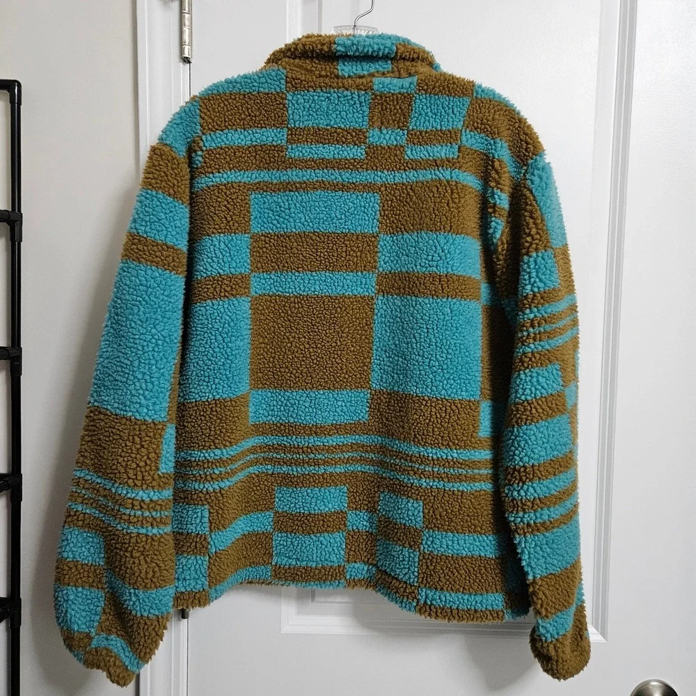 Urban Outfitters Fleece‎ Jacket Adult Sm Blue Brown Checkered Sherpa Full Zip